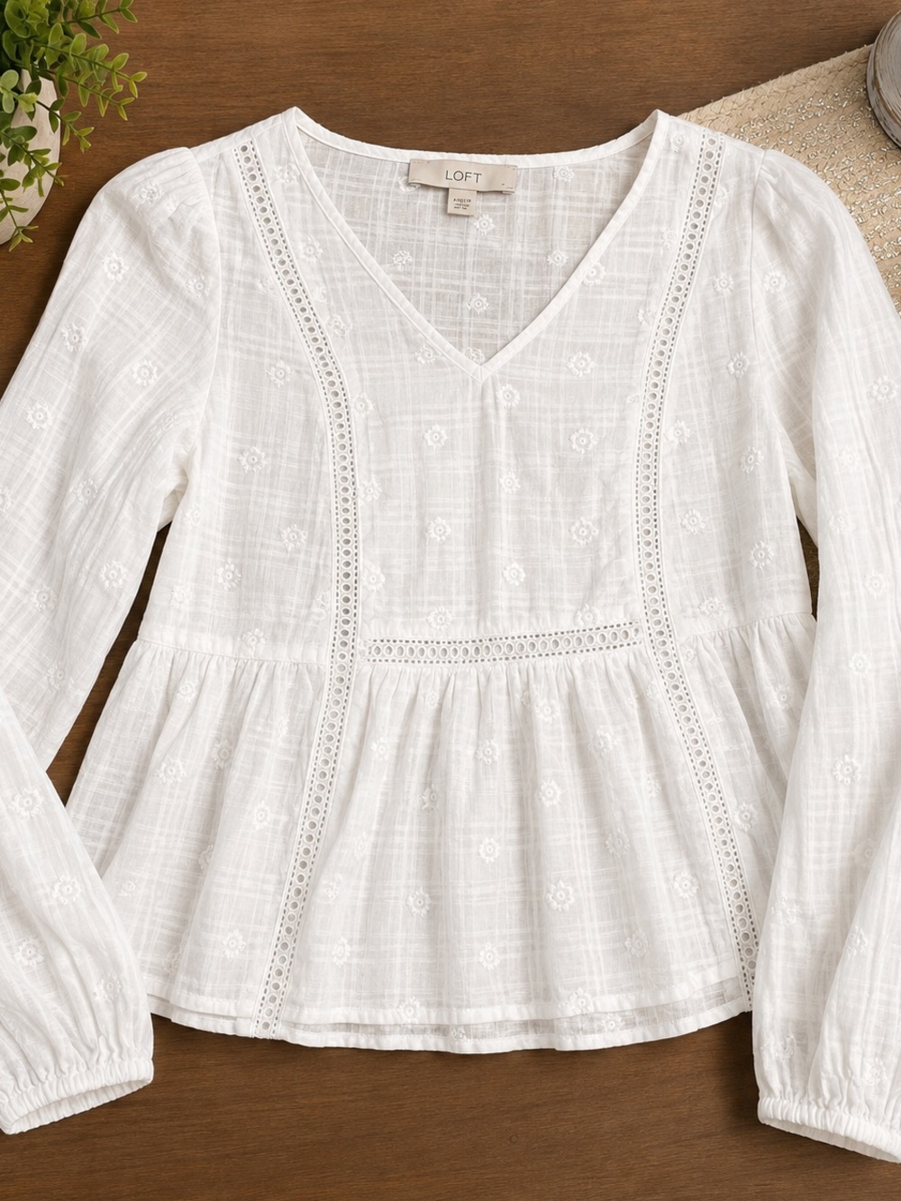 LOFT White V-Neck Peplum Eyelet Lace Blouse